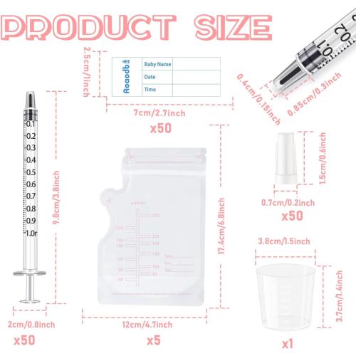 Colostrum Collector Kit Include 50pcs 1ml Sealed Breast Milk Collector No Needle Colostrum Syringes 5 Breastmilk Storage Bags and 1 piece 30 ml measuring cup with 50 Stickers