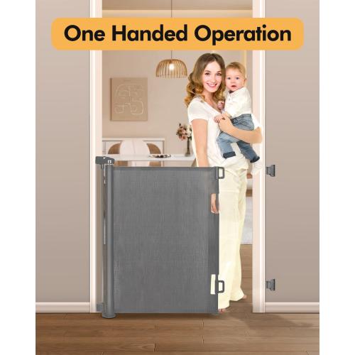 Retractable Baby Gate for Stairs & Doorways, 55 Wide x 33.6 Tall Easy Installation Mesh Dog Gate for Indoor & Outdoor Use,Pet and Dog Safety Gate for Hallways(Grey)