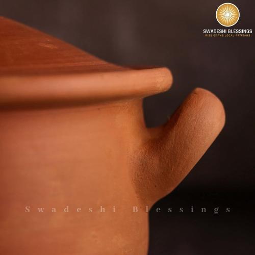 Swadeshi Blessings Exclusive Range Unglazed Clay Pot For Serving with Lid/Earthen Kadai/Mud Handi/Mitti Ke Bartan (With Mirror Shine)   PALM STAND & ASH For Cleaning (3.5 Liters)