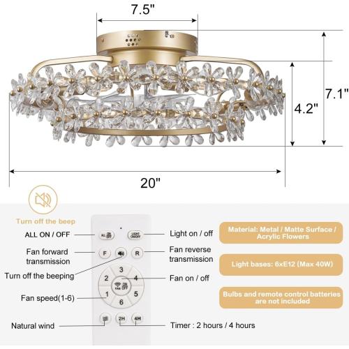 20 Boho Chandelier Ceiling Fan with Light Modern Flower Fandelier | for Girl's room Bedroom Living Room,Bladeless Caged Ceiling Fans with Lights and Remote,Frence Shabby Chic,Crystal Flowers
