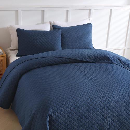 Cotton Quilt Bedding Sets Queen Size, 3 Pieces Reversible Lightweight Coverlets Comforters Bedspreads for All Seasons,Geometric Stitching Pattern,Navy Blue