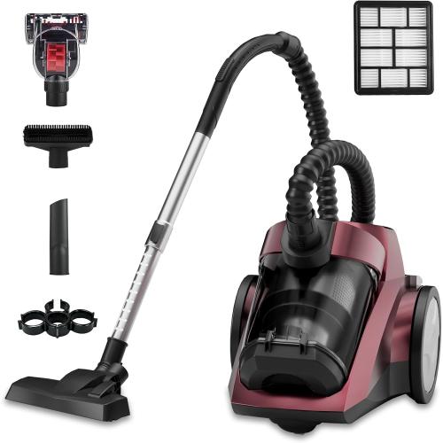 Canister Vacuum Cleaner, 45Kpa 1600W Bagless Canister Vacuum, 4Qt Large Dust Cup, Variable Speed Control, 5 Tools, Lightweight Canister Vacuum for Home, Pet, Carpet, Hard Floor, Red