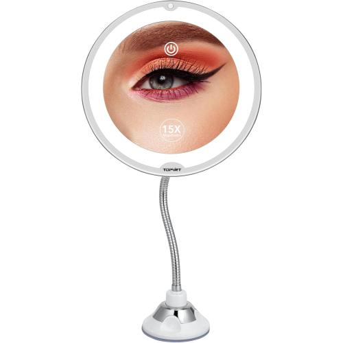 Flexible 15X Magnifying Suction Mirror - Dimmable LED Vanity Mirror, Power Suction Cup, Portable for Home Bathroom - Ideal for Detailed Makeup Eyeshadow Eyeliner (Large)