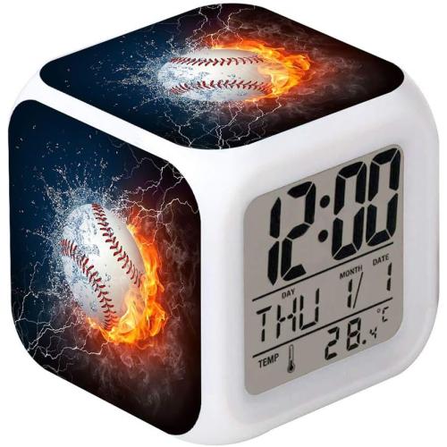 Led Alarm Clock Baseball Burning Sport Design Creative Desk Table Clock Glowing Electronic Colorful Digital Alarm Clock for Unisex Adults Kids Toy Birthday Present