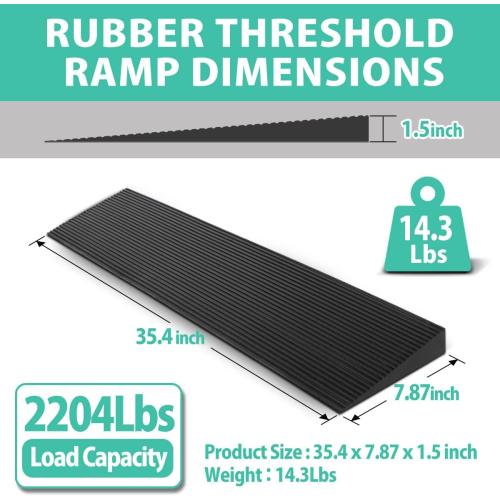 1.5 Rise Rubber Threshold Ramp, 2204Lbs Recycled Rubber Power Threshold, 35.4 L x 7.87 W Non-Slip Surface Solid Threshold Ramp is Adjustable and Cuttable for Wheelchairs, Power Scooters