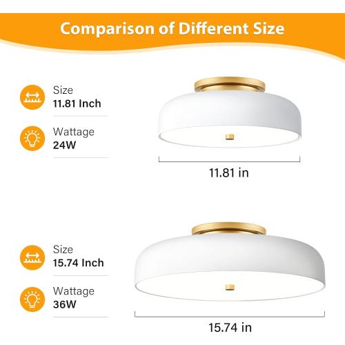 Dimmable LED Ceiling Light Fixture, 2700K-6000K 5CCT Modern Mid-Century Semi Flush Mount Ceiling Light, White Close to Ceiling Lamp for Kitchen, Laundry Room, Bedroom, Hallway, 11.8in