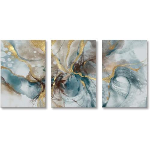 Turquoise and Gold Canvas Print Abstract Wall Art Watercolor Painting Marble Vortex Picture for Living Room Bedroom Kitchen Home Office Decor
