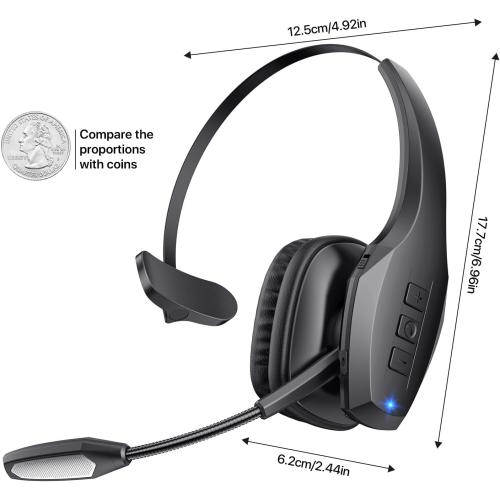 Trucker Bluetooth Headset, Wireless Headset with Mic, Bluetooth Headsets with Dual Noise Cancelling Microphone & Mute Button, 55Hrs Working Time PC Headsets for Cell Phones, Computer, Truck Driver