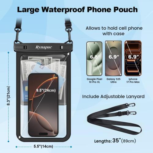 Rynapac Large Waterproof Phone Pouch [Up to 10] - 2 Pack IPX8 Waterproof Phone Case for iPhone 17 16 15 Pro Max Galaxy S26 Ultra, Touchscreen & Underwater Photography, Beach Cruise Essentials 2026