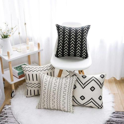 Set of 4 Size 18x18 Color Black and white Boho Pillow Covers,18x18 Pillow Covers Modern Throw Pillow Covers Black Geometric Mudcloth Linen Neutral Decorative Pillow Covers for Sofa Couch Chair