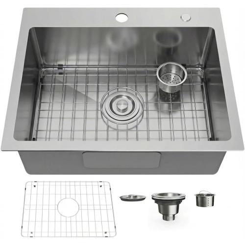 22 x 18 Drop in Kitchen Sink 304 Stainless Steel Single Bowl Topmount Kitchen Sink with Drain Kit and Bottom Grid, Brushed