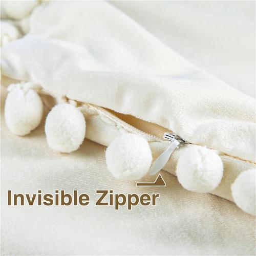 Topfinel Decorative Throw Pillow Covers 18x18 Set of 2, Cream White Couch Square Pillow Covers for Sofa Bed, Soft Velvet Cushion Covers with Pom Poms for Livingroom Bedroom Modern Home Decor