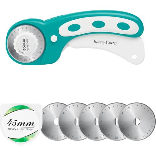 45mm Rotary Cutter with 5pcs Extra Blades, Ergonomic Handle Rolling Cutter with Safety Lock for Fabric, Leather, Crafting, Sewing, Quilting, Fabric Rotary Cutter Perfect for Left & Right Hand (Green)