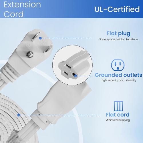 YOJOE Indoor Extension Cord, 3 Prong Grounded 13A Power Cord, 16 Gauge Heavy Duty 10 ft White Flat Plug Extension Cord for Home, Office, 16/3 SPT-3 UL Listed