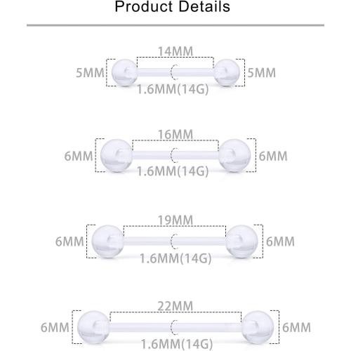 Lcolyoli Plastic Nipple Piercing Jewelry Clear Nipple Rings for Surgery 14G Plastic Tongue Rings Retainer Bar Length 14mm 16mm 19mm 22mm