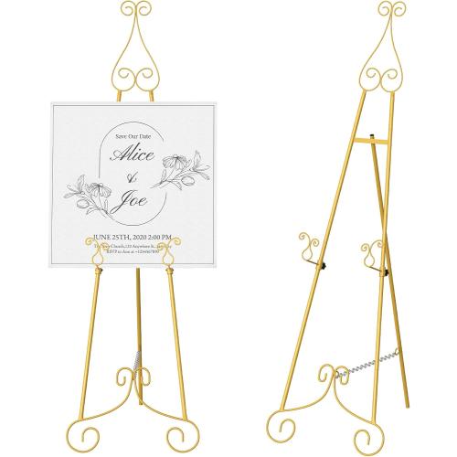HAITRAL Gold Easel Stand for Sign,Adjustable Display Easel Stand with Chain Support,Heavy Duty Metal Easel for Wedding Sign,Art,Pictures,Paintings, 55 H Welcome Poster Stand Sign Holder Floor Décor