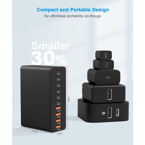 USB C Charging Station 10 Port with 4 USB Cables, 200W GaN Type C Charger Block, Wall Charger Power Strip Adapter Plug for iPad iPhone17 16 15 14 13 12 Pro Max Pixel Note Galaxy