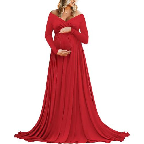 Size L Saslax Maternity Off Shoulders Half Circle Gown for Baby Shower Photo Props Dress