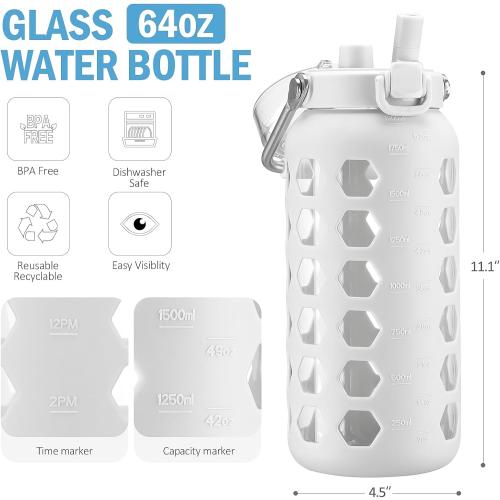 MUKOKO 64oz Glass Water Bottles with Straw and Lid,Half Gallon Water Bottle with Time Marker,Large Glass Water Jug with Silicone Sleeve and Stainless Steel Handle-White