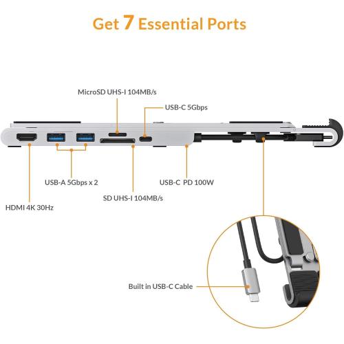 HyperDrive 7 in 1 USB C Hub Laptop Stand - HDMI 4K30Hz, USB-C 100W PD, USB-A 5Gbps, SD/MicroSD, Compatible with MacBook/iPad/Windows/Chrome - 10”-17” Laptop Docking Station Stand