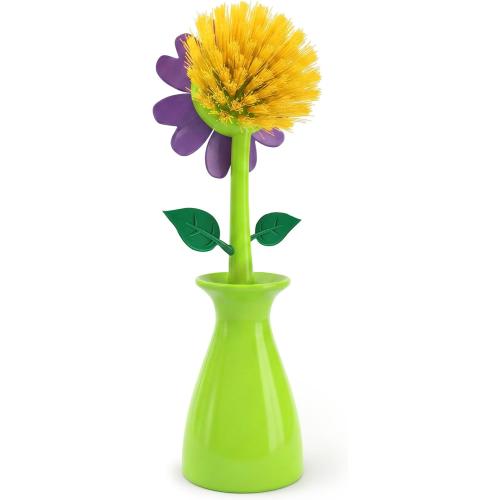 Cute Dish Brush with Stand – Kitchen Discovery – Daisy in a Vase Brightens The Sink Area While Keeping a Kitchen Dish Brush at Hand – Fun Gift for Fans of Cute Cleaning Supplies