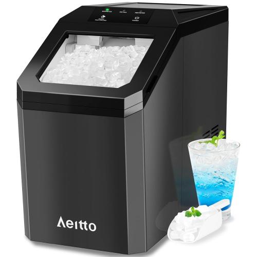 Aeitto Nugget Ice Maker Countertop, 55lbs/Day, Rapid Ice Release in 5 Mins, Large Capacity Chewable Ice Maker, Self-Cleaning with Stainless Steel Housing Ice Machine for Home Office and Party, Blcak