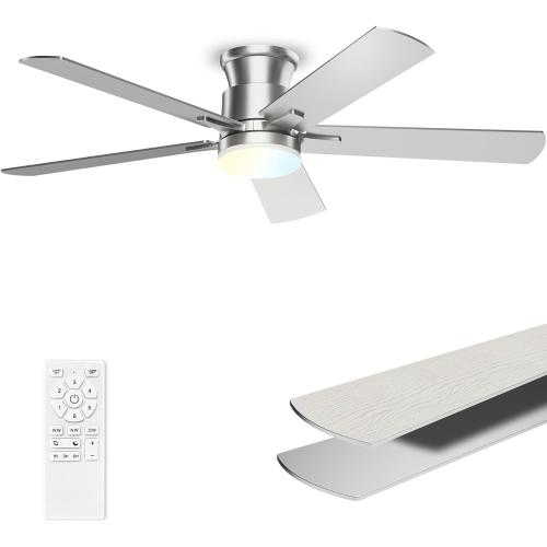 Nickel 52inch Ceiling Fans with Lights 52 Inch, Flush Mount, Remote Control, 3CCT Dimmable, 6 Speeds, Quiet Reversible DC Motor, Low Profile Silver Nickel Ceiling Fan for Bedroom, Living Room, Indoor/Outdoor, ETL