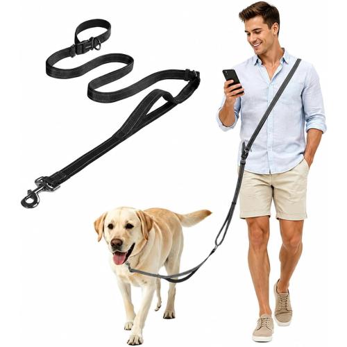 Hands Free Dog Leash by Kazazoo, Adjustable 5.8-8.5FT Waist & Crossbody Leash with Quick Off Buckle, Reflective Stitches for Walking, Jogging,Medium to Large Dogs M Size Black