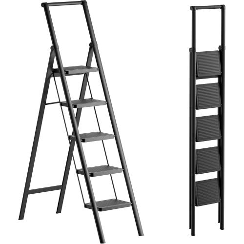 Size 5 Step Color Black Ladder Folding Step Stool Stepladders with Anti-Slip and Wide Pedal for Home and Kitchen Use Space Saving (Black)