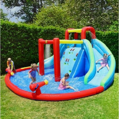 Inflatable Waterfall Aqua Park with Pool and Slides and Cannons. L 14.8' x W 14.4' x H 7.5'