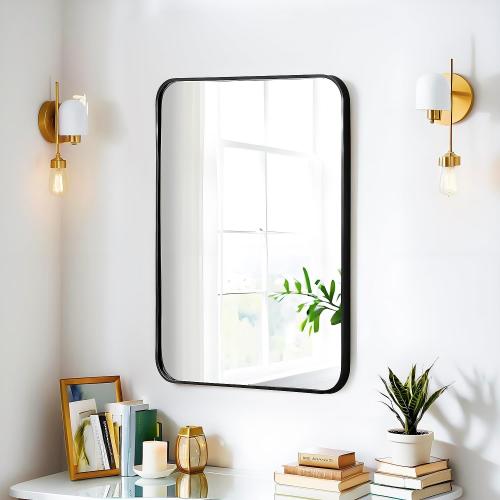 30x20 Rectangle Mirror Wall Mounted Aluminum Alloy Metal Frame HD Glass Dressing Make-up for Bathroom Entryway Bedroom Living Room 30 20 inch Black