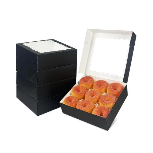qiqee 8x8x2.5 Inch Black Pastry Box With Window Donut Pie Boxes 12pcs Bakery Box (Auto-pop Up)