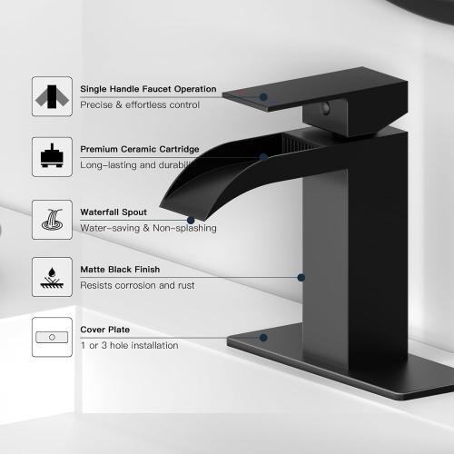 Matte Black Waterfall Bathroom Faucet 1 Hole or 3 Hole, Single Handle Rv Bathroom Sink Faucet with Pop Up Drain, Bathroom Vanity Faucet with cUPC Supply Hose and Deck Plate