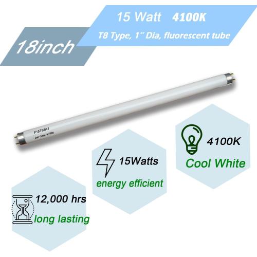 Flyercatch 18 INCH 2Pack F15W-T8-CW Cool White 15 Watt Fluorescent Bulb,18 inch F15T8/CW 4100K Linear Light,T8 Tube for Under Cabinet, Kitchen Sink RV (18'' MOL)