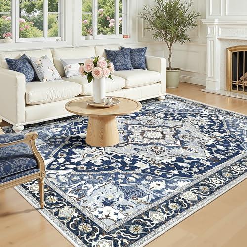 5x7 Blue Boho Area Rug Washable Non-Slip - Low Pile Farmhouse Living Room Bedroom Rug - Machine Washable Medium Indoor Carpet with TPE Backing, Vintage Easy Clean, Navy Blue Multi