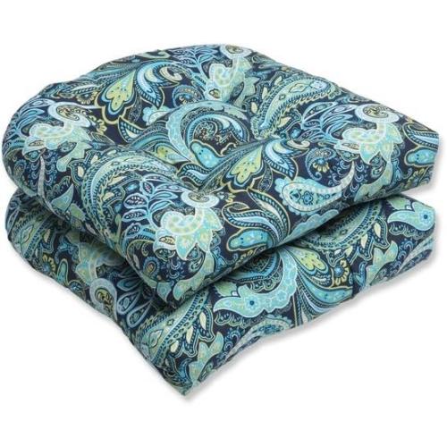 Pillow Perfect Paisley Indoor/Outdoor Chair Seat Cushion, Tufted, Weather, and Fade Resistant, Blue/Green Pretty, 2 Count