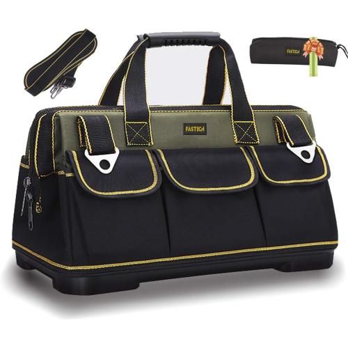 Size 22-inch Color Green and Black Wide Mouth Tool Bag with Water Proof Molded Base，Wide Mouth Tool Tote Bag,Waterproof Tool Organizer Bag for Men with Adjustable Shoulder Strap (22 inch)