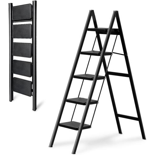 5-Step Folding Ladder for Home Use, Heavy-Duty Step Ladder with Anti-Slip Wide Steps, Portable Foldable Ladder, 330 lbs Load Capacity