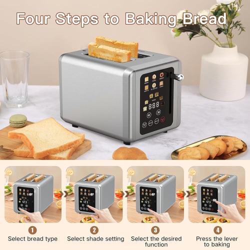2-Slice Touchscreen Smart Toaster, Stainless Steel Toaster with Sound Function and Digital Timer, 6 Bread Types and 6 Shade Settings