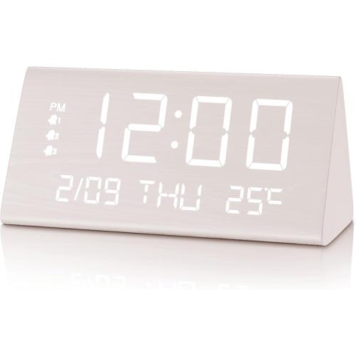 White JALL Digital Alarm Clock, with Wooden Electronic LED Time Display, 3 Alarm Settings, Weekday/Weekend Mode, Temperature Detect, Wood Made Electric Clocks for Office, Bedroom, Bedside