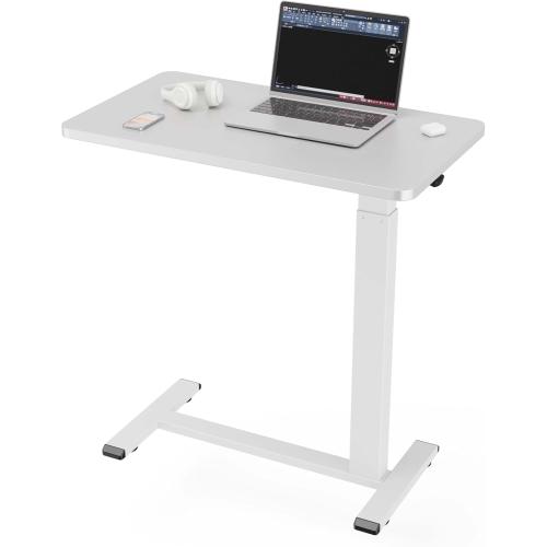 Ywin Adjustable Height Side Table, Adjustable Bedside Table with Wheels, Overbed Bedside Table, Pneumatic Moveable Bed Desk, Rolling Hospital Bed Table(White)
