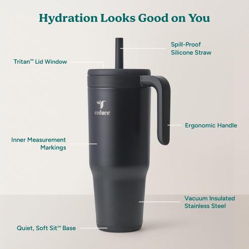 REDUCE Chiller Vacuum Insulated 40 oz Tumbler with Spill-Proof Silicone Straw - Sustainable Tritan Lid with Water Intake Markers - Soft Sit Base Travel Mug - Dishwasher Safe - Phantom