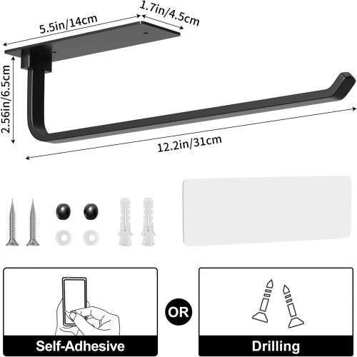 Paper Towel Holder - Self-Adhesive or Drilling, Matte Black | Under-Cabinet or Wall-Mounted | Kitchen Roll Dispenser | Upgraded Aluminum | Lighter Yet Stronger Than Stainless Steel