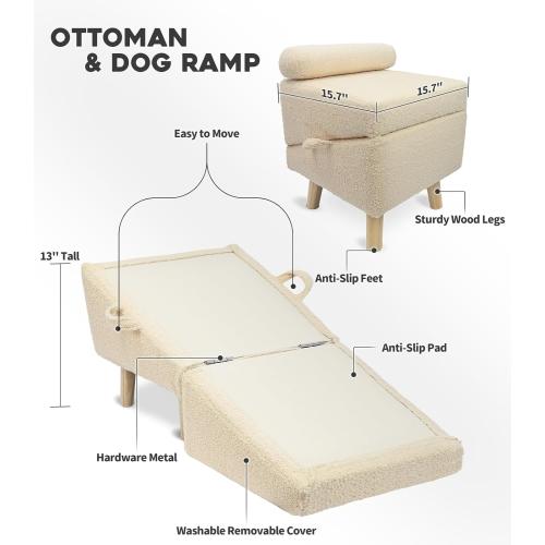 Dog Stairs for Small Dogs and Cats – 2-in-1 Dog Ramp for Couch and Low Bed, 16.5'' Foldable Wooden Pet Ramp, Sturdy Multi-Use Split Ottoman Design, Beige