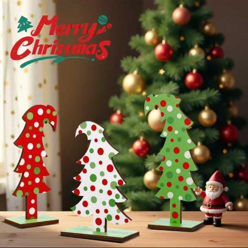 3 Pcs Wood Christmas Tree Tabletop, Lime Green Bendable Mini Christmas Tree Small Decor Farmhouse Standing with Base for Home Office Tabletop Decoration (Polka dot)