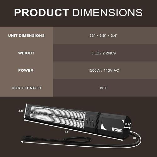 1500W Infrared Patio Heater, IP65 Waterproof Outdoor Electric Heater with Remote, 4 Heat Levels, 24H Timer, Memory Function, Fast Heating for Garage, Backyard, Black