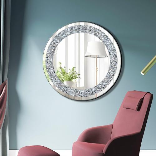 Round Wall Mirror for Home Decoration in Crystal Crush Diamond Silver 24x24x1 inch Wall Hang Frameless Mirror Glass Diamond Décor.