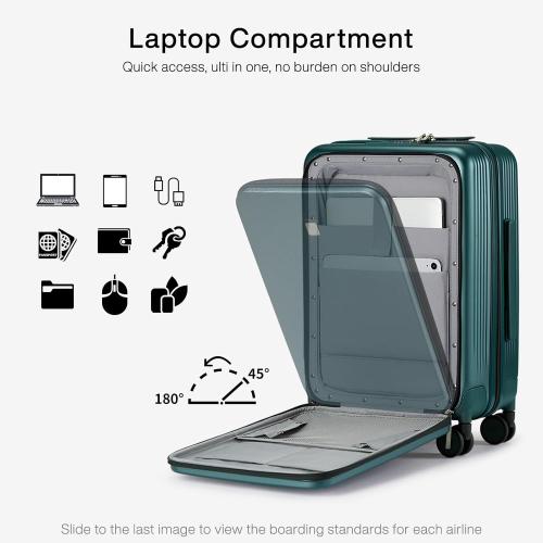 Hanke Grace Carry On Luggage with Wheels Airline Approved Hard Shell Suitcases with Front Pocket，Top Opening Luggage with TSA Lock for Short Business Travel，Blackish Green.