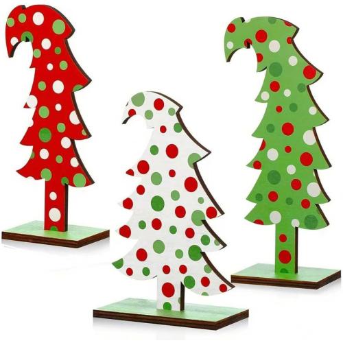 3 Pcs Wood Christmas Tree Tabletop, Lime Green Bendable Mini Christmas Tree Small Decor Farmhouse Standing with Base for Home Office Tabletop Decoration (Polka dot)