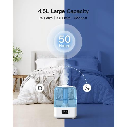 MORENTO 4.5L Top Fill Cool Mist Humidifier for Bedroom, Large Room, Home with 360 Nozzle, Auto Shut-Off, Humidity Setting, 50Hrs Runtime, Night Light, White